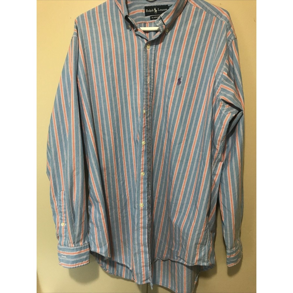 Ralph Lauren Polo Shirt Mens Large Blue Stripe Button Up Classic Fit Long Sleeve